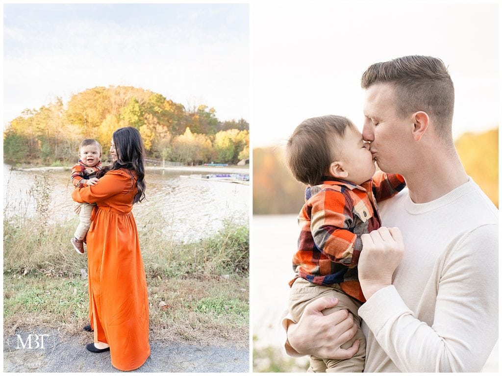 mom and dad bonding with baby boy during family session at Lake Accotink Park in Springfield, Virginia, taken by TuBelle Photography, a Fairfax County family photographer