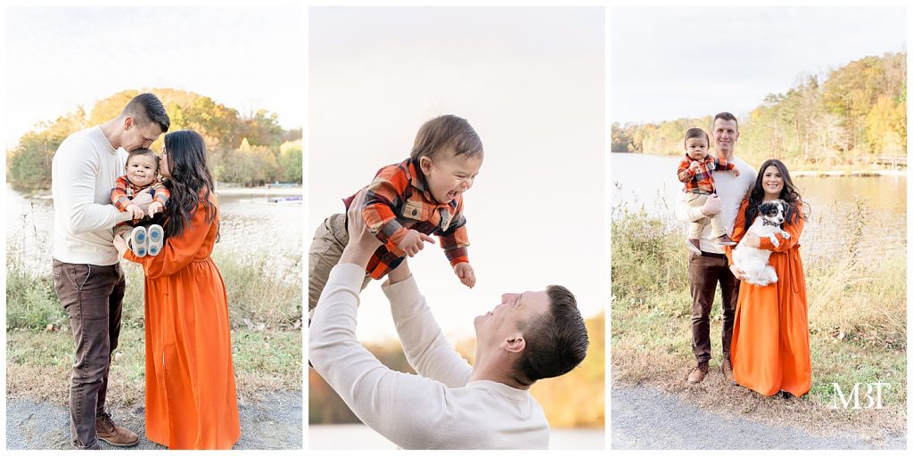 mom, dad, and son having fun during their family session at Lake Accotink Park, taken by TuBelle Photography, a Virginia family photographer