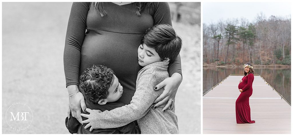 kids and mom during their maternity pictures at Lake Ridge Marina taken by TuBelle Photography, a Woodbridge, Virginia maternity photographer