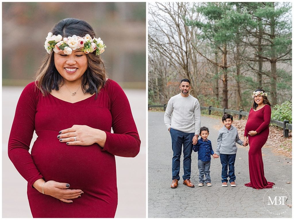 family of 4 during their maternity pictures at Lake Ridge Marina taken by TuBelle Photography, a Woodbridge, Virginia maternity photographer