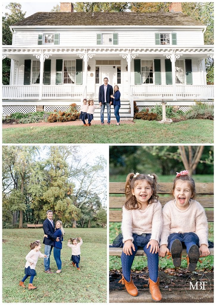 mom, dad, and 2 daughters during their family portraits at Cherry Hill Farmhouse in Falls Church, Virginia by TuBelle Photography, a Northern Virginia family photographer