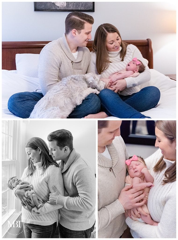 mom, dad, dog, and baby girl during an in home newborn photo shoot taken in Fairfax, Virginia, taken by TuBelle Photography, a Northern Virginia newborn photographer