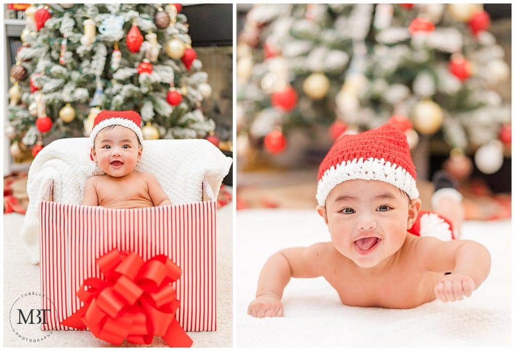 baby wearing Santa outfit during milestone photoshoot in Mclean, Virginia, taken by TuBelle Photography, a NoVa baby photographer