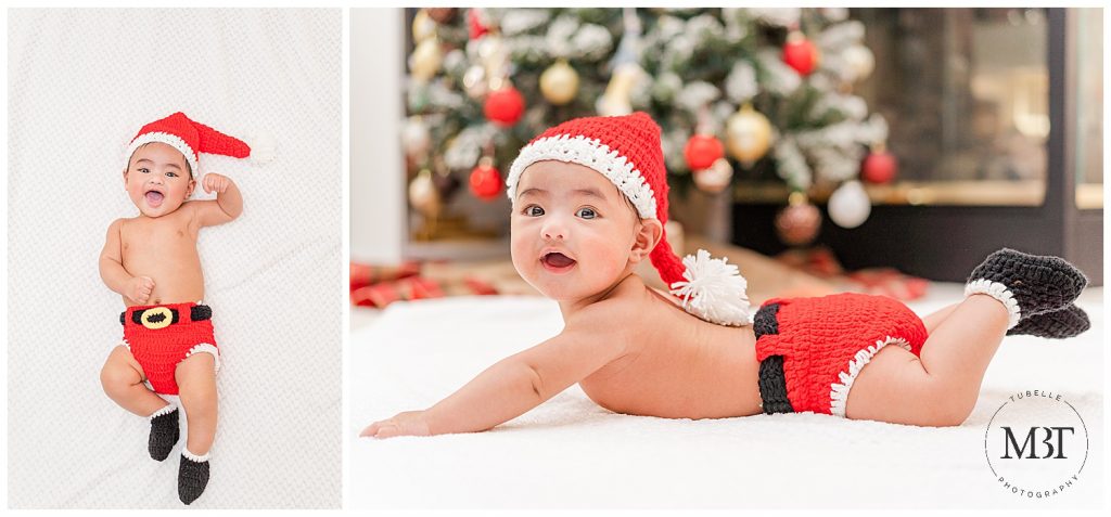 baby wearing Santa outfit during milestone photoshoot in Mclean, Virginia, taken by TuBelle Photography, a Fairfax County baby photographer