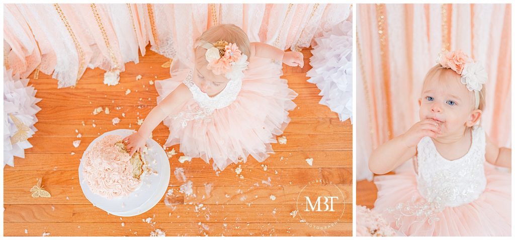 baby girl having fun with her cake during her cake smash photos in Gainesville, Virginia by TuBelle Photography, a Northern Virginia cake smash photographer