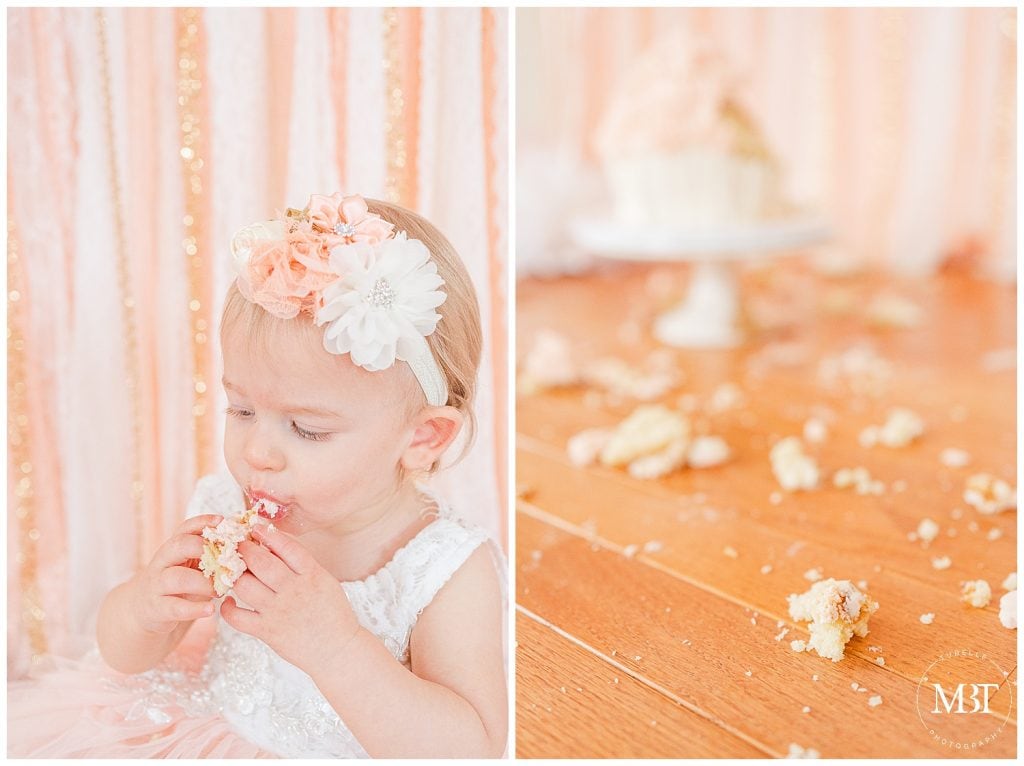 baby girl eating her cake during her cake smash photos in Gainesville, Virginia by TuBelle Photography, a Virginia cake smash photographer