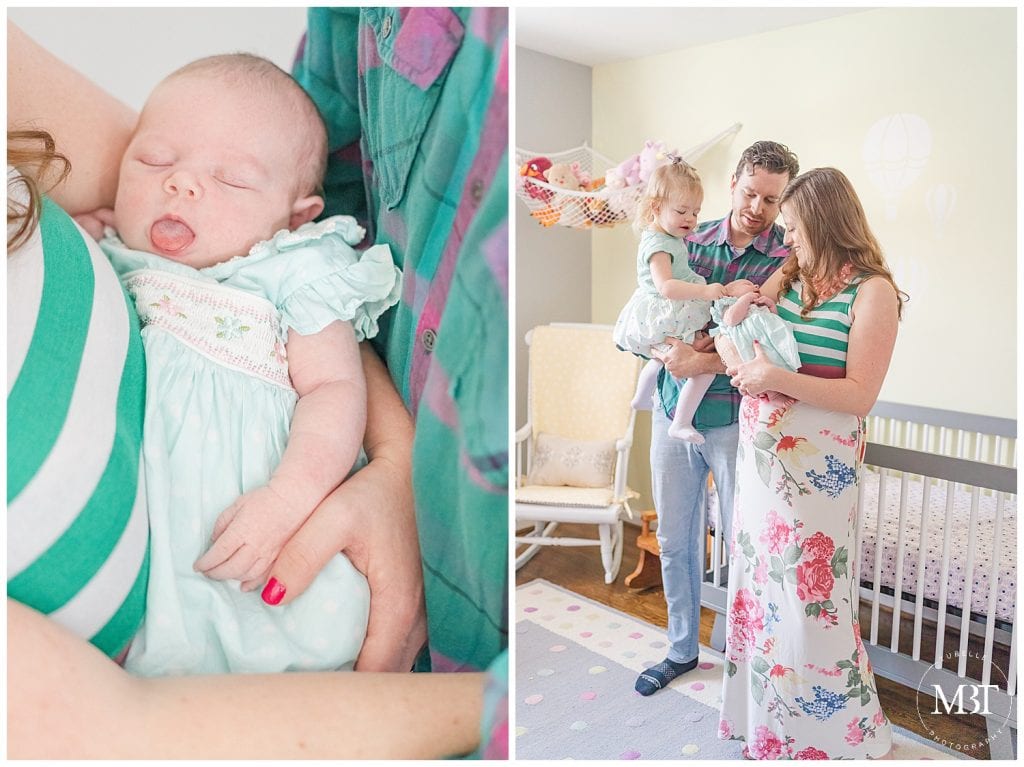 family of 4 during their in home newborn pictures taken in Springfield, Virginia, by TuBelle Photography, a Virginia newborn photographer