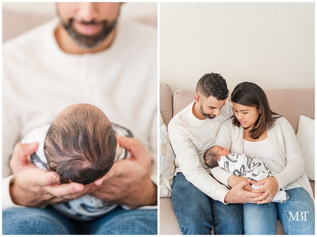baby girl adored by parents during their lifestyle newborn photography in Gainesville, Virginia, taken by TuBelle Photography, a NoVa newborn photographer