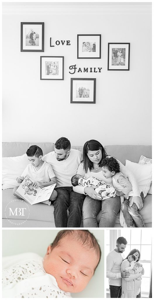 family of 5 with baby girl during their lifestyle newborn photography, taken in Gainesville, Virginia by TuBelle Photography, a Northern Virginia newborn photographer