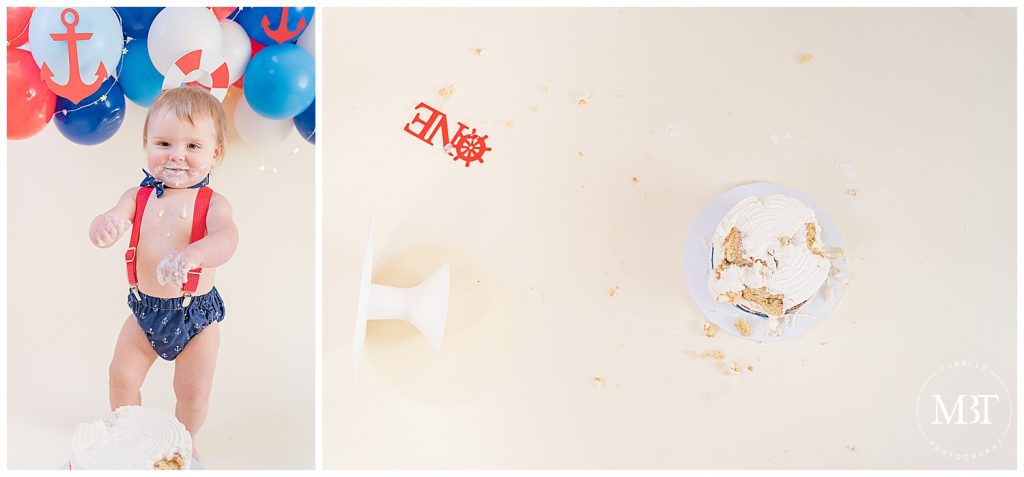 baby boy during his nautical themed cake smash photography in Reston, Virginia taken by TuBelle Photography, a Northern Virginia cake smash photographer