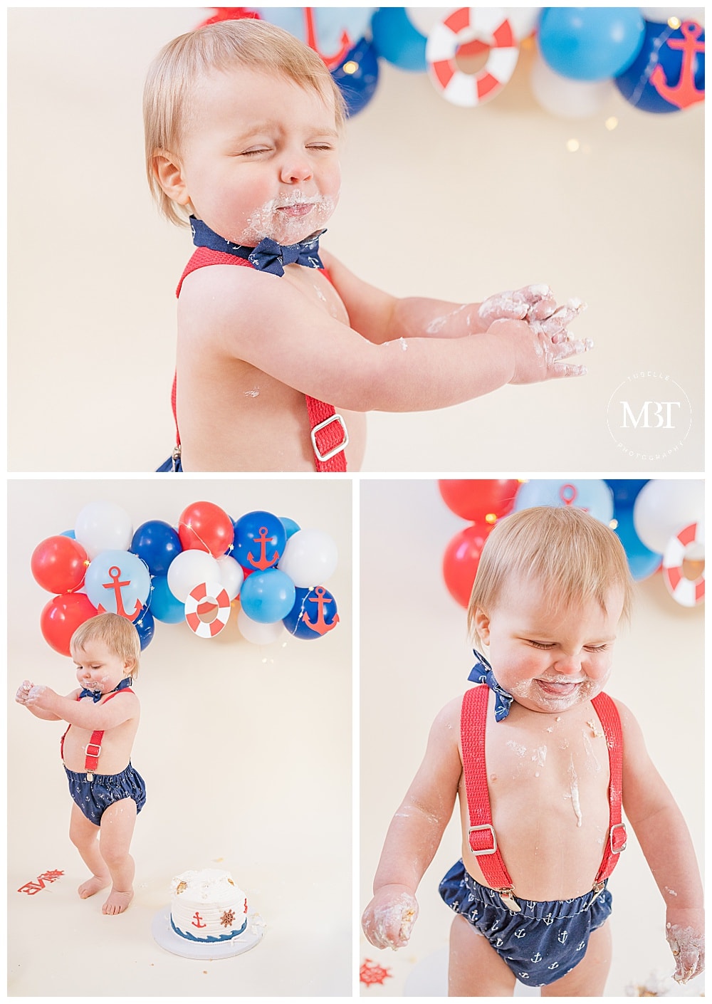 collage of nautical themed cake smash photos in Reston, Virginia taken by TuBelle Photography, a Northern Virginia cake smash photographer