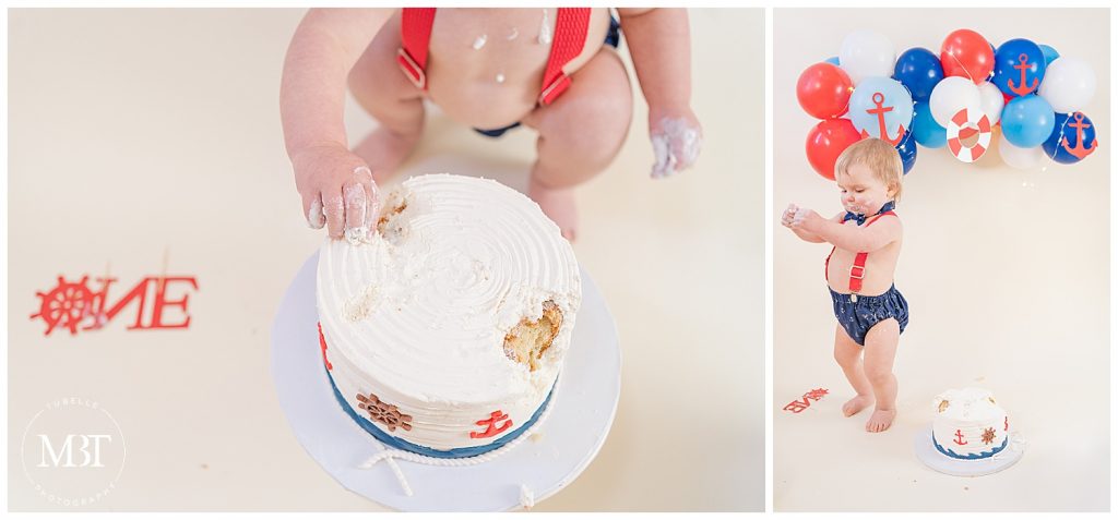 baby boy dancing during his nautical themed cake smash pictures in Reston, Virginia taken by TuBelle Photography, a Northern Virginia cake smash photographer