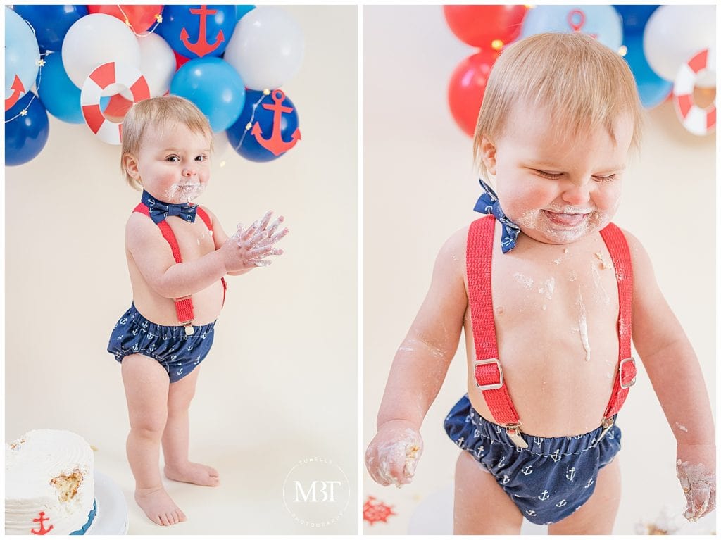 baby boy during his nautical themed cake smash pictures in Reston, Virginia taken by TuBelle Photography, a NoVa cake smash photographer