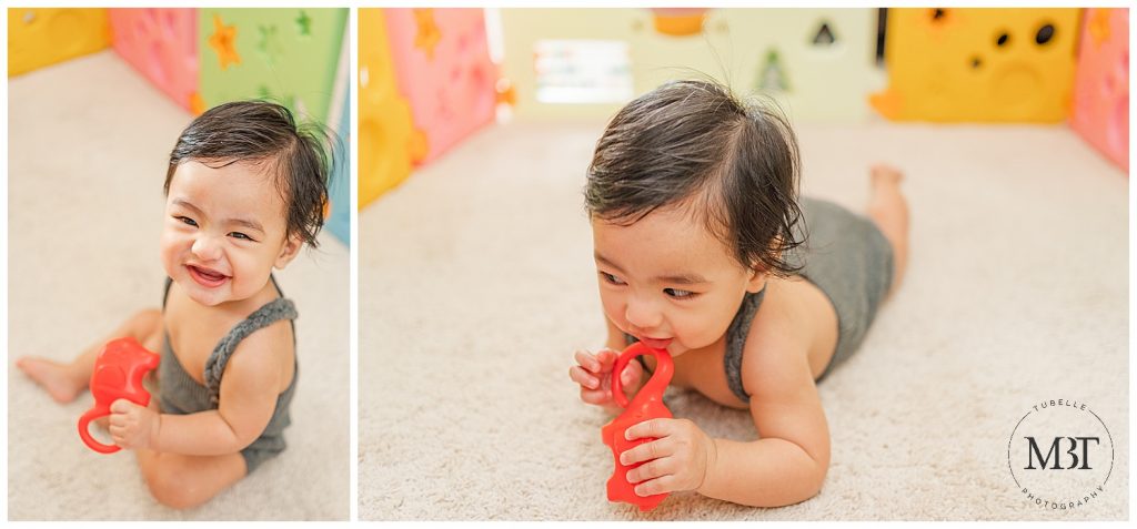 baby boy playing with his toy during milestone pictures taken in McLean, Virginia by TuBelle Photography, a NoVa milestone photographer