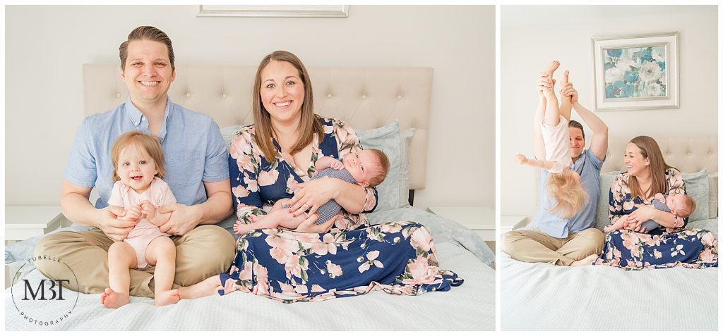 family of 4 playing during their in home newborn photography taken in Bristow, Virginia taken by TuBelle Photography, a Prince William County newborn photographer
