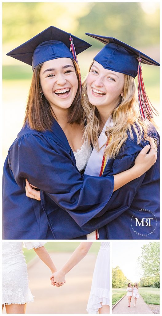 best friends wearing their graduation cap & gown having fun during their senior photos in Gainesville, Virginia taken by TuBelle Photography, a Prince William County senior photographer