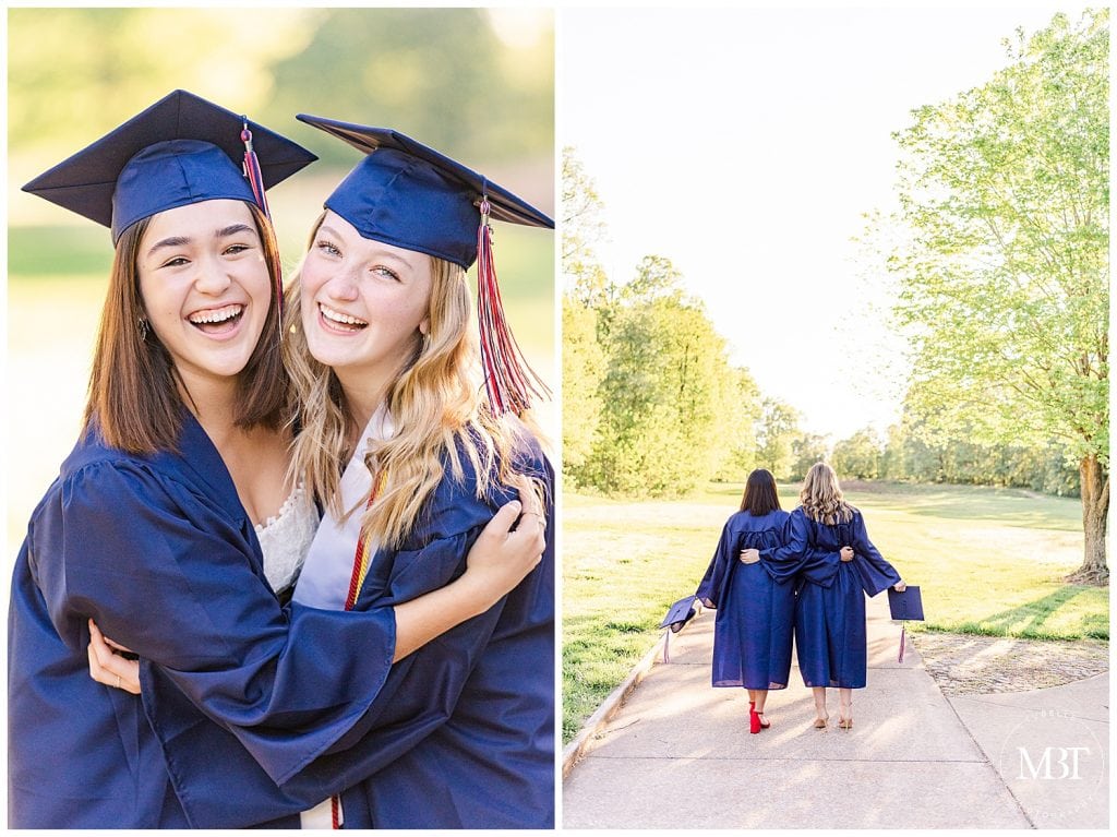 best friends wearing their graduation cap & gown during their senior photos in Gainesville, Virginia taken by TuBelle Photography, a DMV senior photographer
