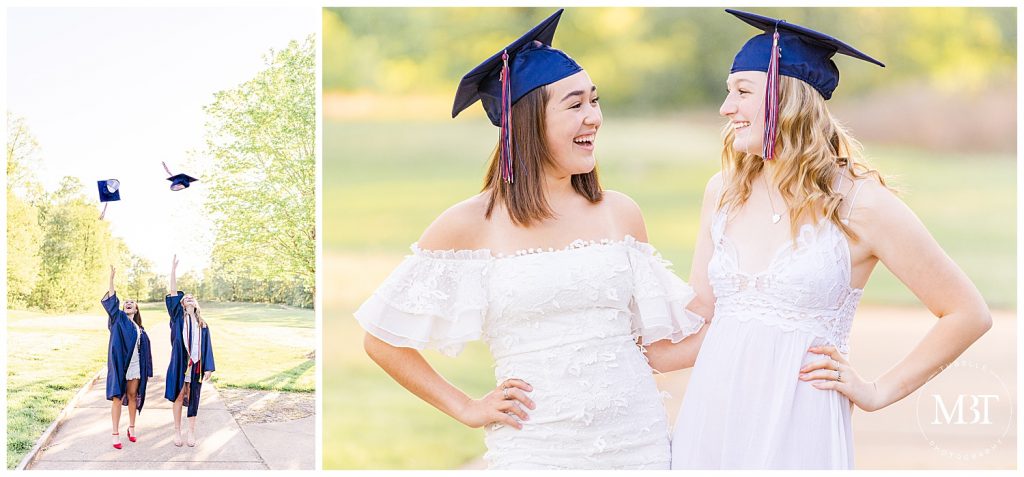 senior best friends wearing graduation cap & gown during their senior pictures taken in Gainesville, Virginia by TuBelle Photography, a Prince William County senior photographer