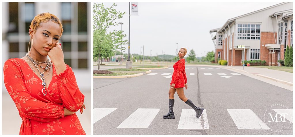 girl walking at the crosswalk at Patriot High School during her senior portraits, taken in Nokesville, Virginia by TuBelle Photography, a Prince William County senior photographer