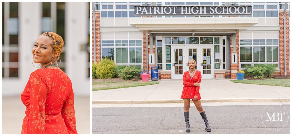 girl standing outside of Patriot High School during her senior session, taken in Nokesville, Virginia by TuBelle Photography, a Northern Virginia senior photographer