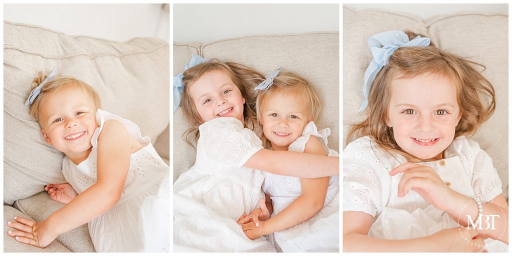 big sisters loving each other during in home newborn pictures taken in Ashburn, Virginia by TuBelle Photography a Northern Virginia newborn photographer