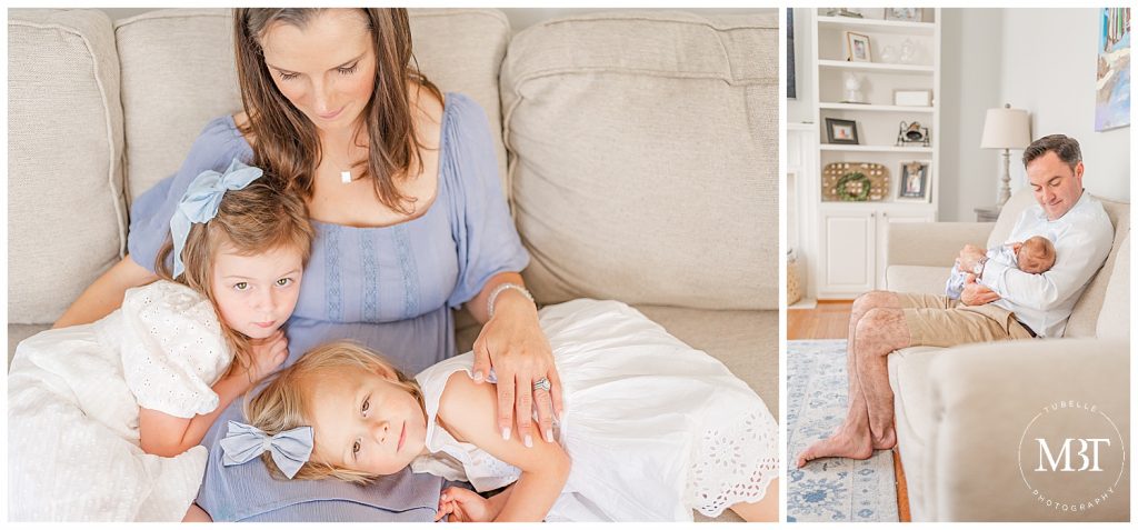 big sisters laying on mom during lifestyle newborn photography taken in Ashburn, Virginia by TuBelle Photography a NoVa newborn photographer