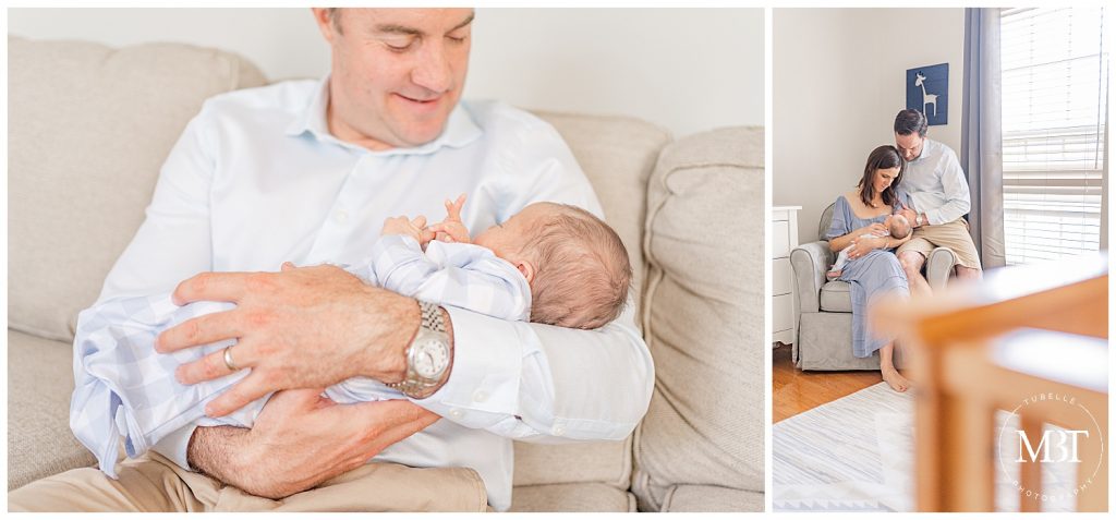 dad admiring baby during lifestyle newborn session taken in Ashburn, Virginia by TuBelle Photography a Northern Virginia newborn photographer