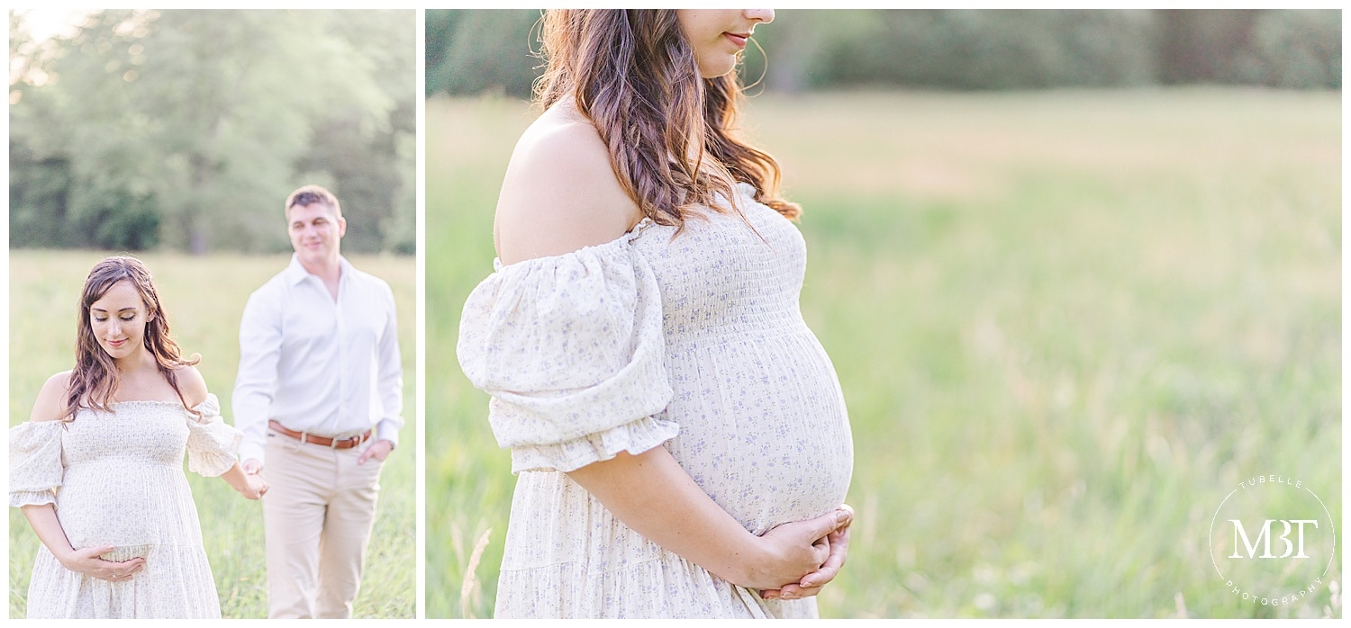 expecting mom walking with her husband during their Manassas, Virginia maternity photos, taken by TuBelle Photography, a Prince William County maternity photographer