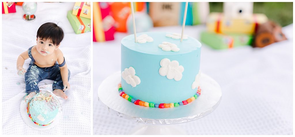 cake with sky, clouds, and rainbow dots for time flies cake smash in Northern Virginia