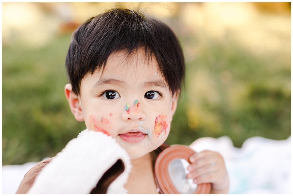 baby with icing on his face after the time flies cake smash photos in Northern Virginia