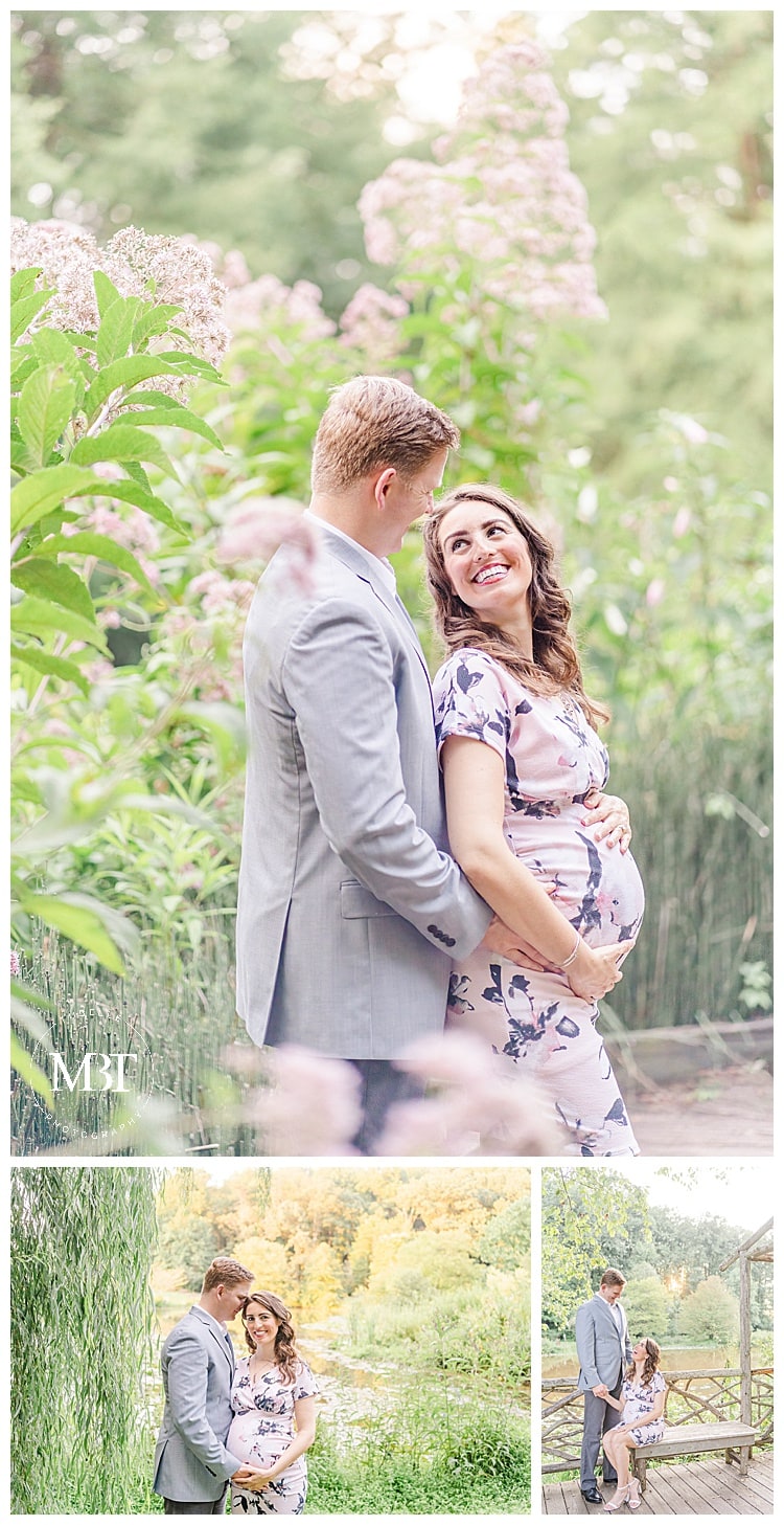 Expectant couple smiling down at one another at their Meadowlark Botanical Gardens Maternity Session taken by TuBelle Photography a Northern Virginia Photographer.