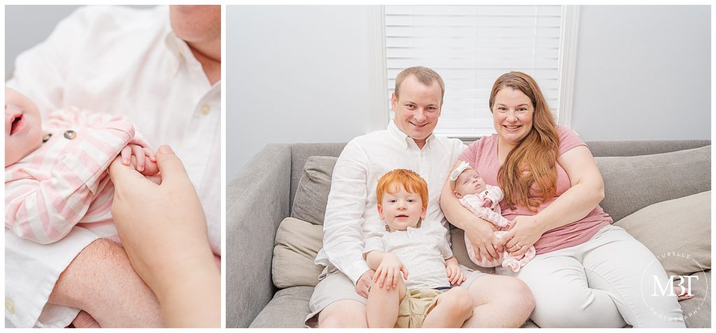 in-home newborn session in arlington virginia taken by TuBelle Photography mom dad big brother cuddled around baby