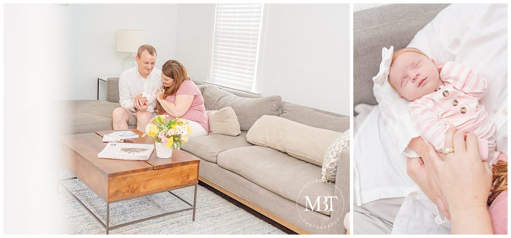 in-home newborn photos in dmv taken by TuBelle Photography in Northern Virginia of mom and dad smiling at baby girl