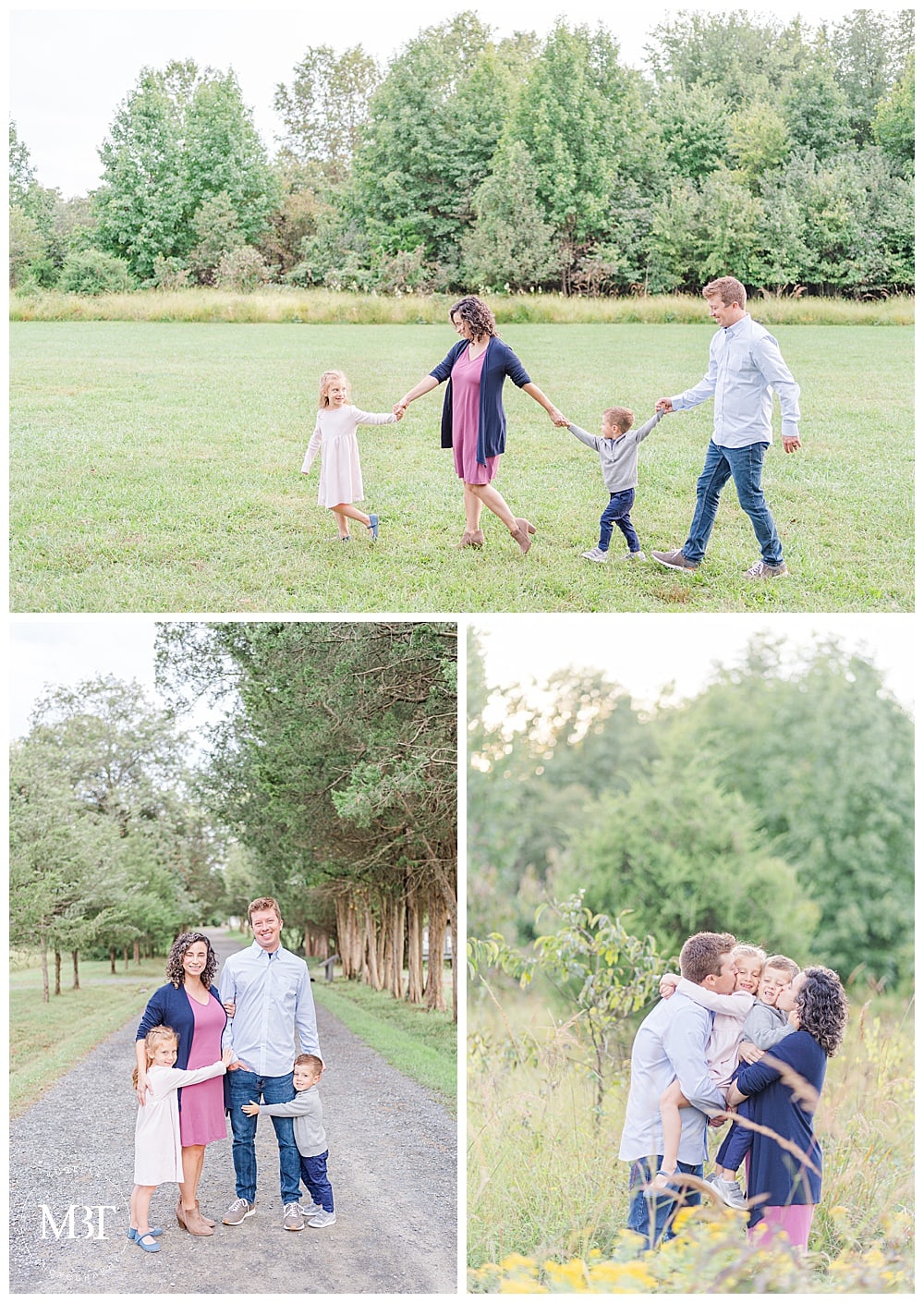 collage of family having fun during their family pictures at Claude Moore Park in Sterling, Virginia