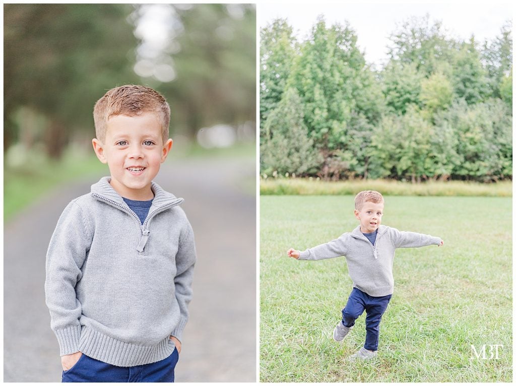 3-year-old boy having fun at Claude Moore Park in Sterling, Virginia, taken for their family portraits by TuBelle Photography, a Northern Virginia family photographer