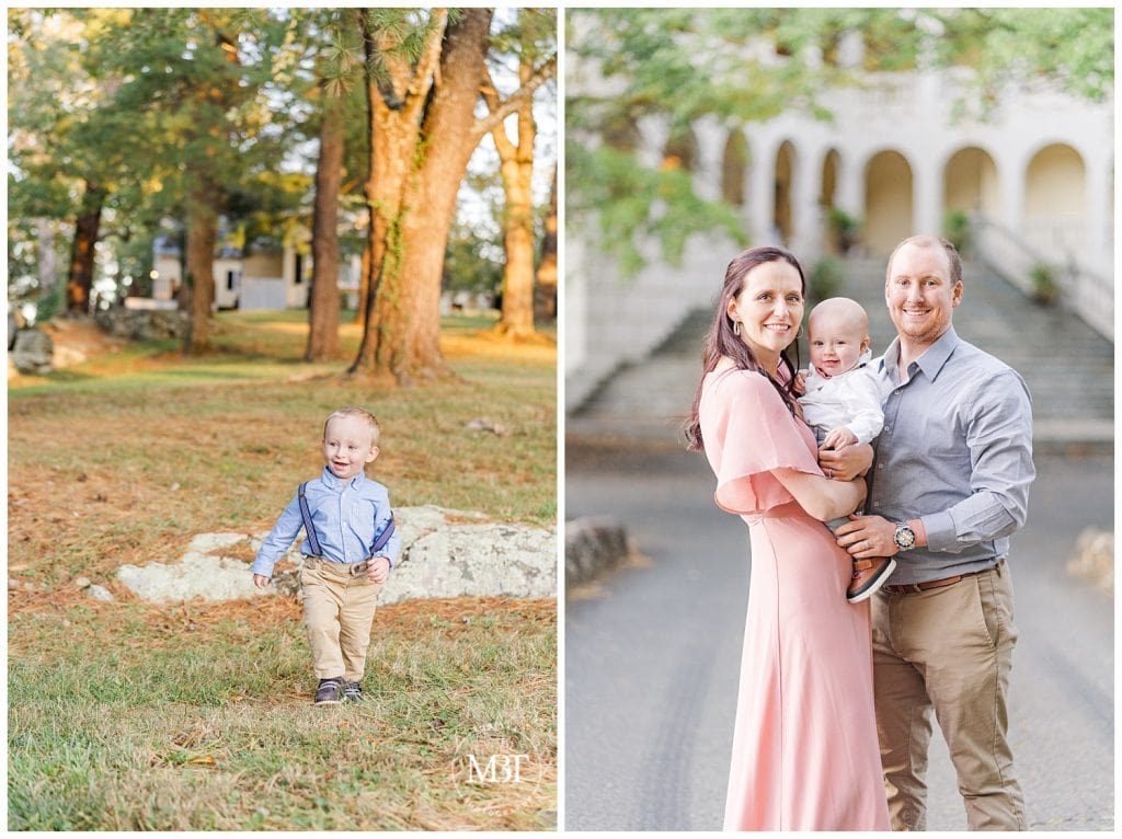 Son walking through park at Airlie and Mom and Dad holding baby brother during their fall family pictures in NoVa taken by TuBelle Photography, a Northern Virginia Family Photographer.