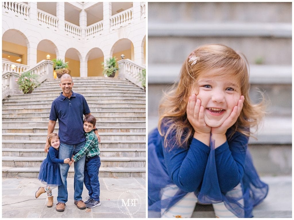 Daughter and son stand with dad on Airlie Steps at their Fall Mini Session by TuBelle Photography, a Prince William County Virginia Photographer.
