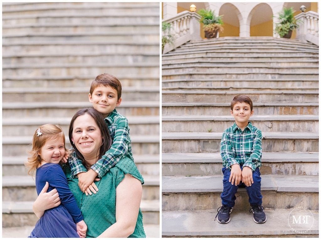 Daughter and son wrap arounds their mom on the Airlie Steps at their Fall Mini Photos by TuBelle Photography, a Northern Virginia Photographer.