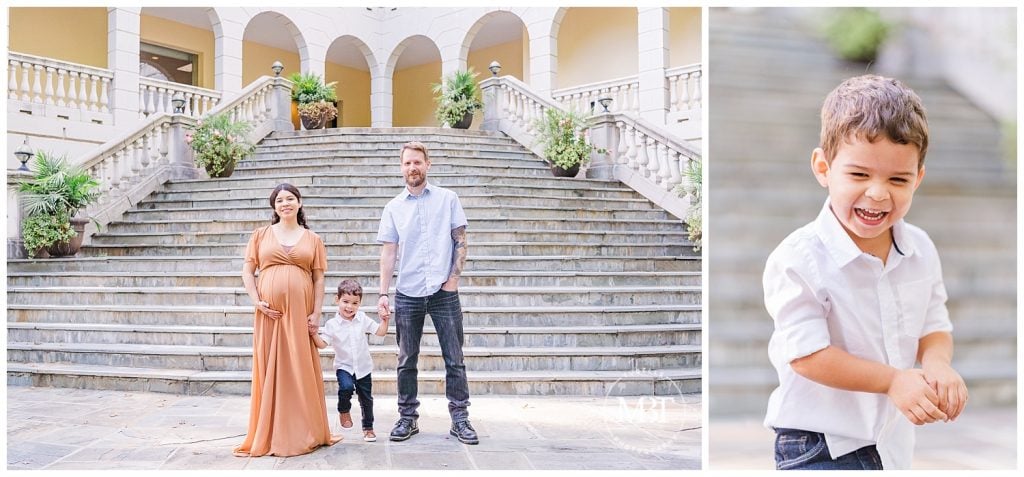 Expecting Mom, Dad and Big Brother holding hands in front of Airlie Spanish Steps at their Airlie Fall Mini Session taken by TuBelle Photography, a NoVa Photographer.
