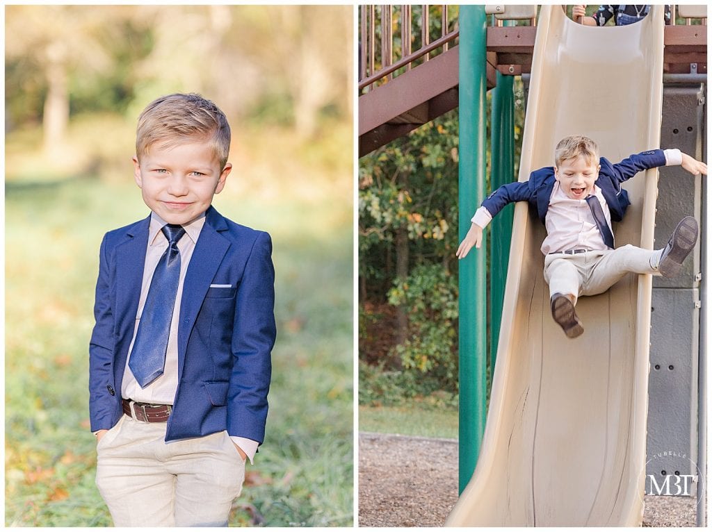 Little boy smiling and going down playground slide at his fall family pictures at Ellanor C. Lawrence Park in Northern Virginia taken by TuBelle Photography, a Fairfax County Family Photographer.