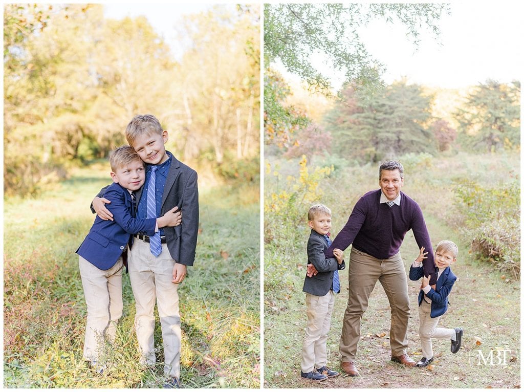 Two brothers hug and play tug of war with their Dad's arms at their fall family pictures in Chantilly, Virginia taken by TuBelle Photography, a NoVa Family Photographer.