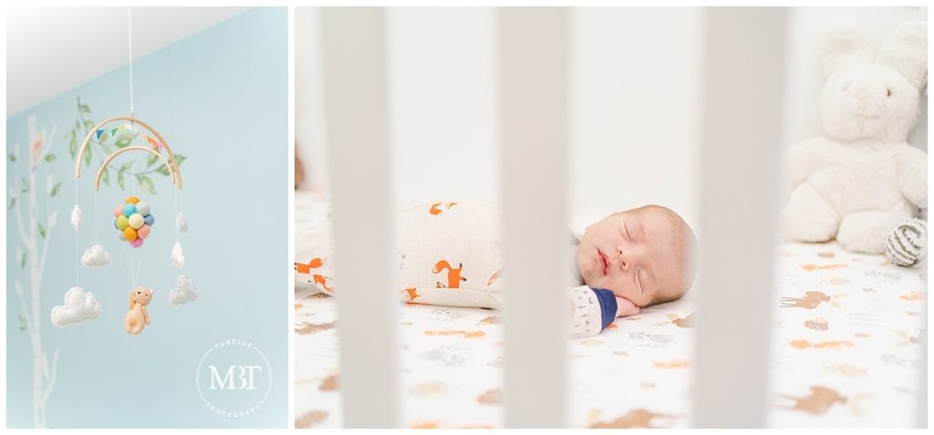 Newborn baby boy asleep in his crib during at home newborn session by TuBelle Photography, a DMV Lifestyle Newborn Photographer.