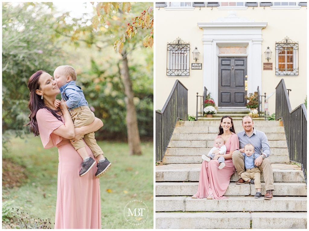 Son kissing mom on the cheek and family sitting on steps of beauitful home at Airlie in Prince William County for their fall family portraits taken by TuBelle Photography, a NoVa Family Photographer.