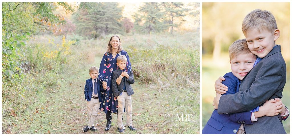 Two brothers hug and pose with their mom at their fall family session in Fairfax County Virginia taken by TuBelle Photography, a DMV Family Photographer.