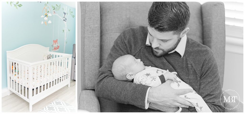 Black and white image of Dad holding newborn baby boy in the nursery during their at home newborn session in Northern Virginia, taken by TuBelle Photography, a lifestyle newborn photographer in DMV.