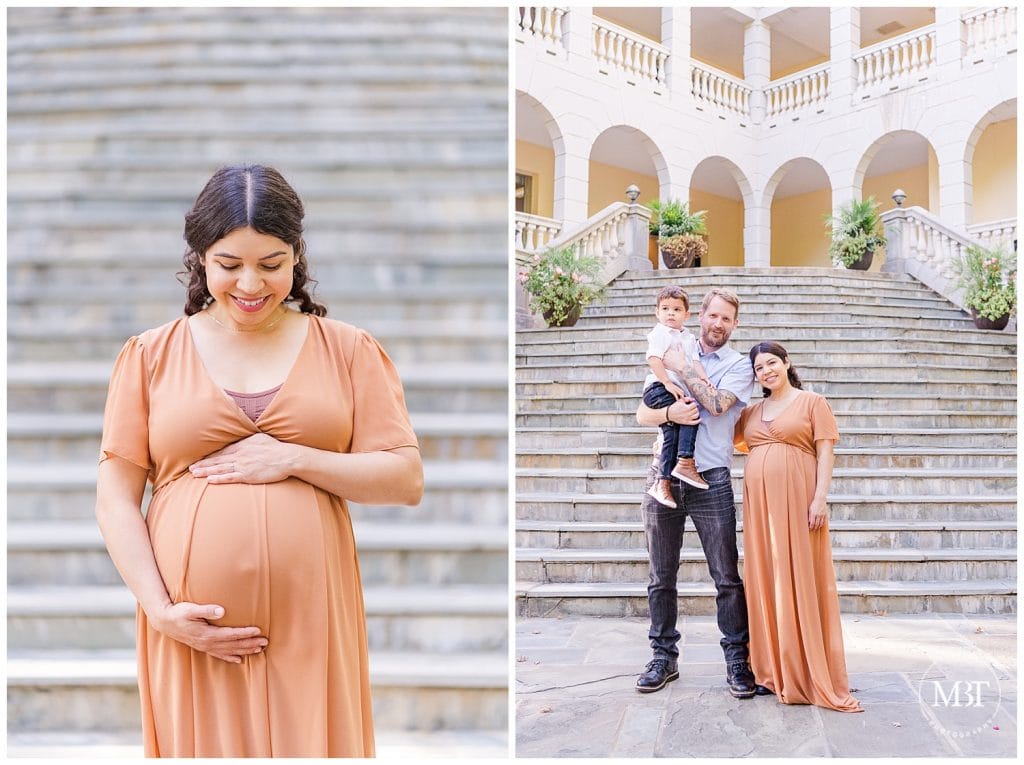 Expecting Mom, Dad and Big Brother standing in front of Airlie Spanish Steps at their Airlie Maternity Pictures taken by TuBelle Photography, a DMV Maternity Photographer.