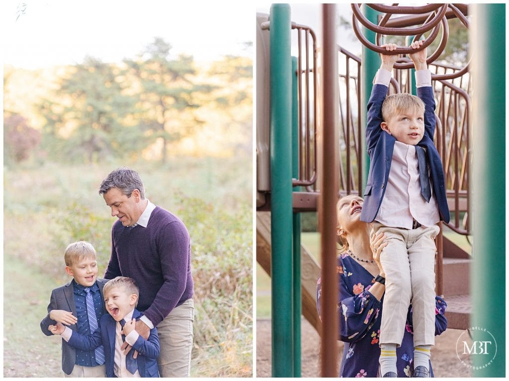 Mom helping son on monkey bars and dad tickling brothers at their fall family pictures in Chantilly, Virginia taken by TuBelle Photography, a Northern VA Family Photographer.