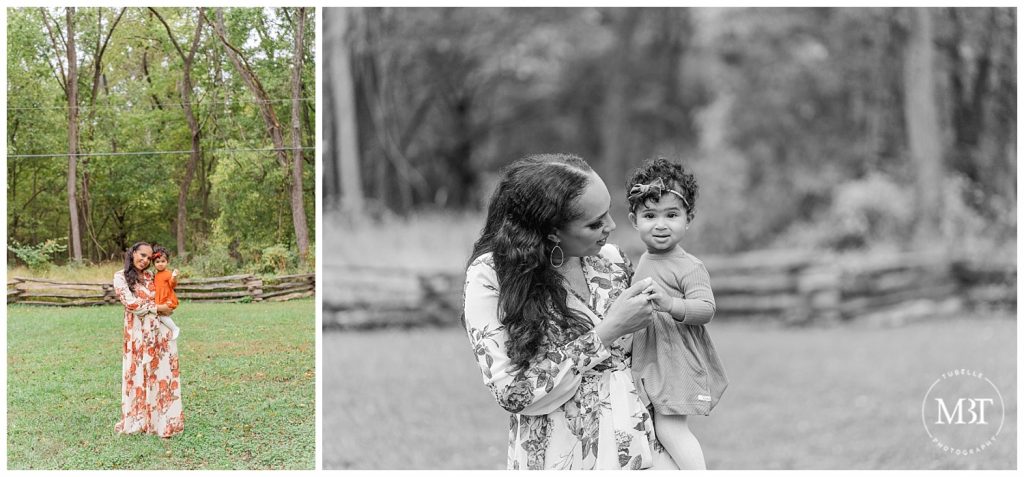 Mom holding baby girl during their fall family pictures Girl taken by Tubelle Photography, a DMV Photographer. class=