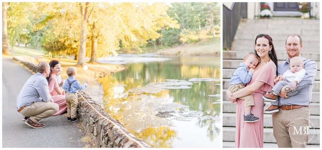 Mom and Dad holding their sons and looking out at Airlie pond at their fall family pictures in Northern Virginia taken by TuBelle Photography, a DMV Family Photographer.