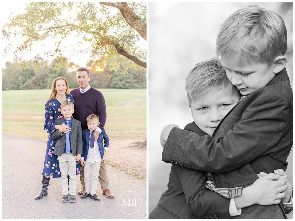 Two brothers hugging and posing with mom and dad at their fall family session in Northern VA taken by TuBelle Photography, a DMV Family Photographer.